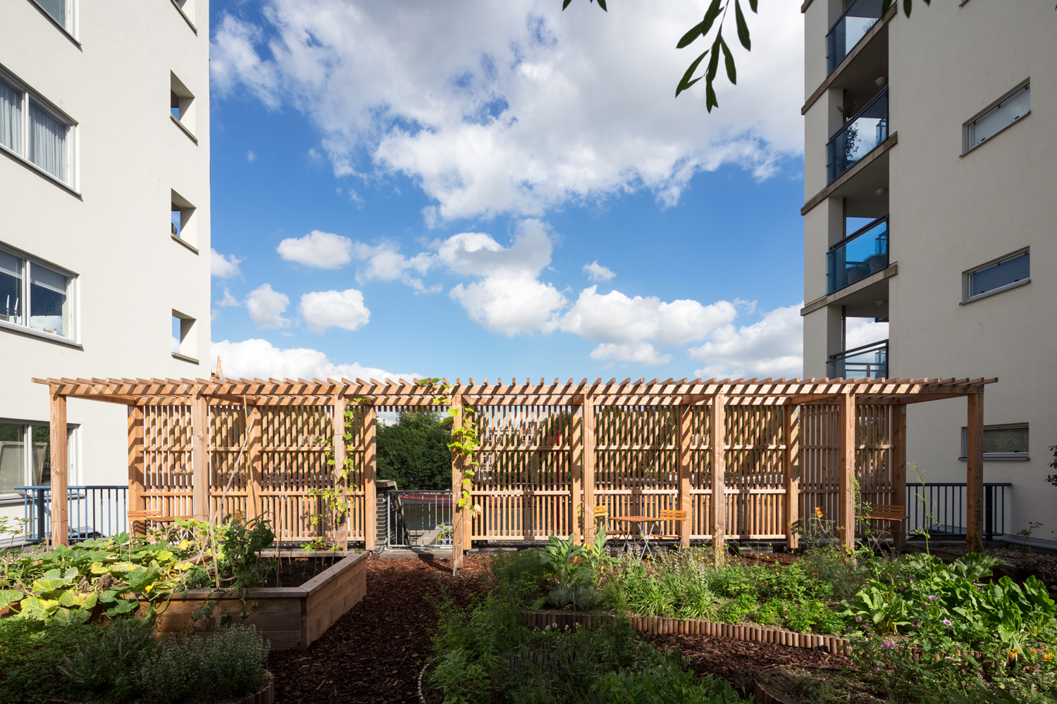 Houten pergola met latwerkwanden langs een moestuin